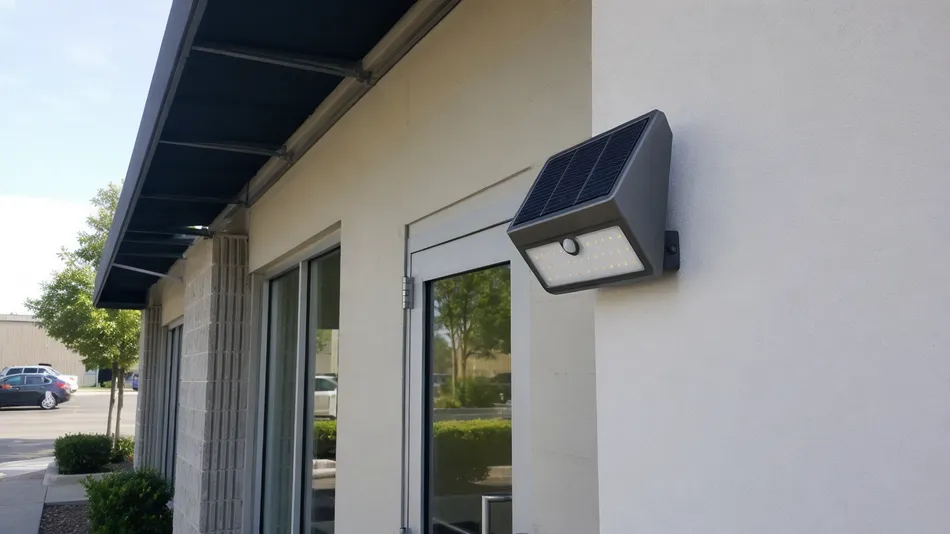 Motion sensor solar light installed at a small commercial property entrance with clean die-cast aluminum housing