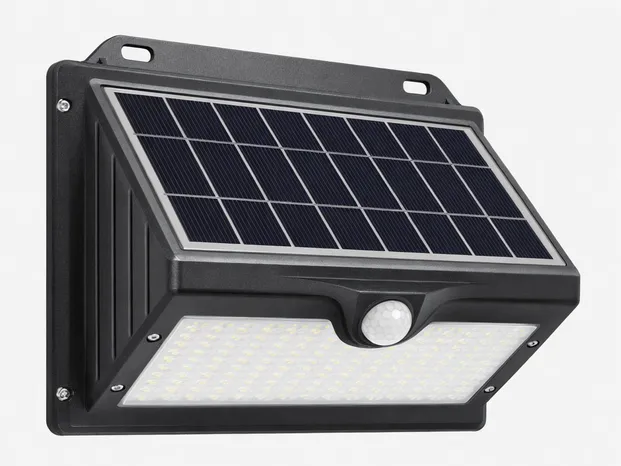 Motion sensor solar light showing monocrystalline panel and die-cast aluminum housing with PIR sensor dome