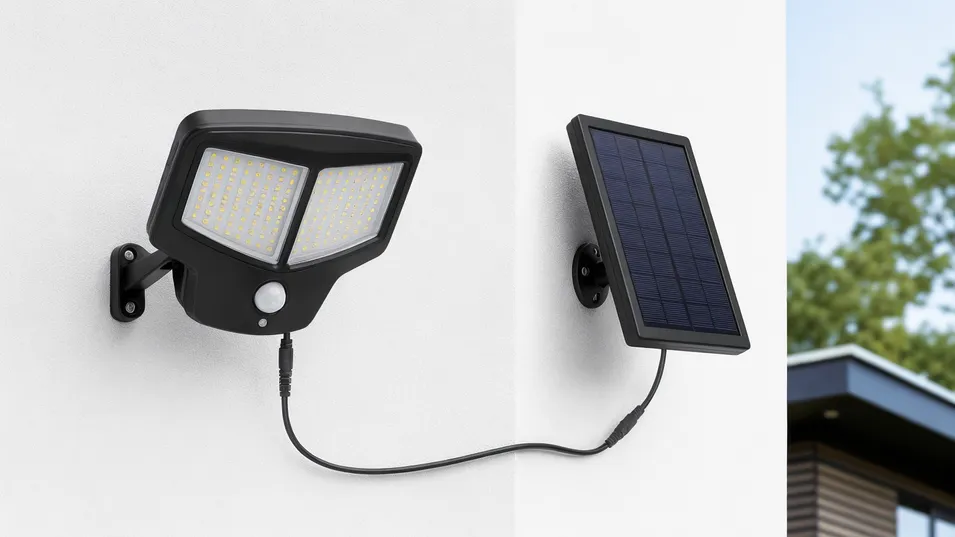 Split-panel solar motion sensor light with separate panel connected by weatherproof cable