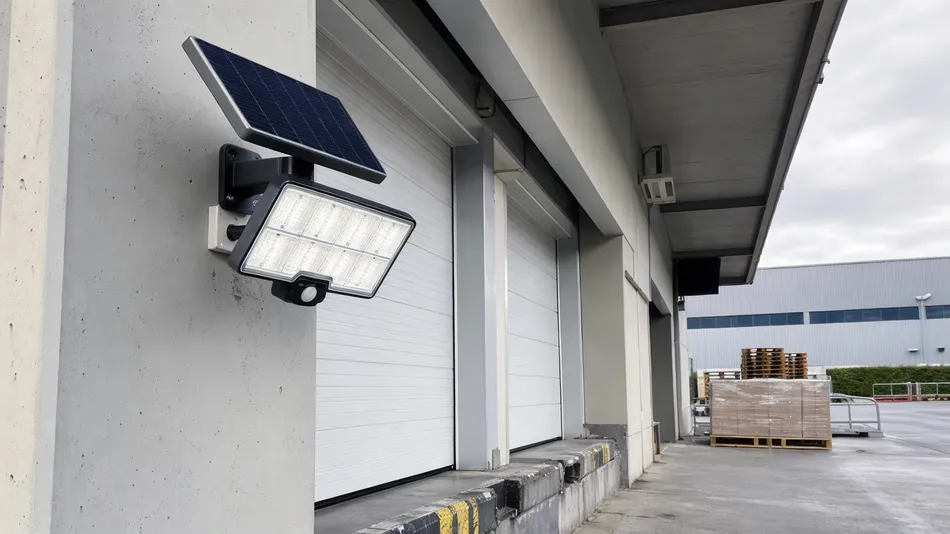 High-lumen solar motion sensor light mounted at a warehouse loading dock area