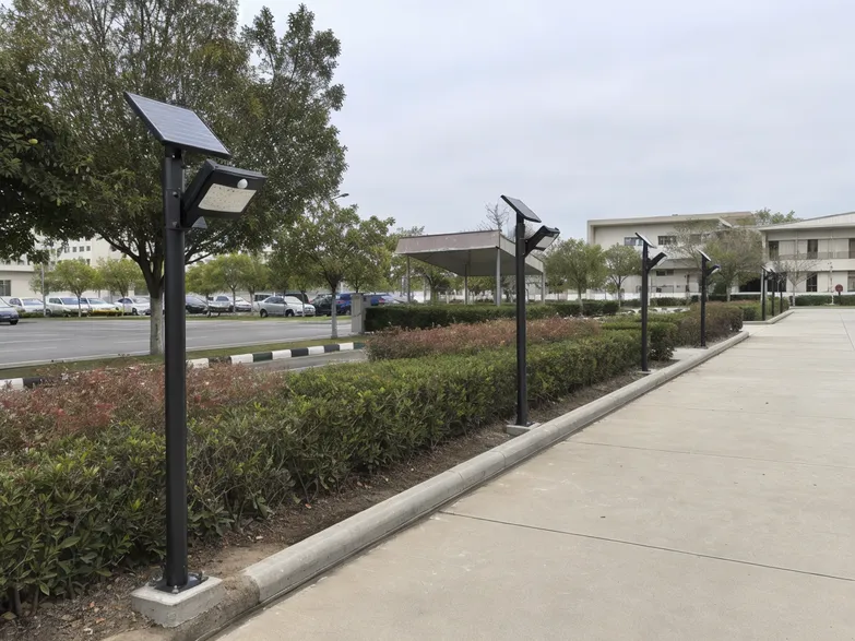 PIR solar security lights installed along a campus walkway perimeter