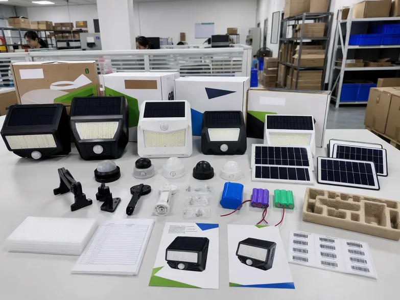 OEM/ODM configuration options for PIR solar security lights showing custom branding and packaging