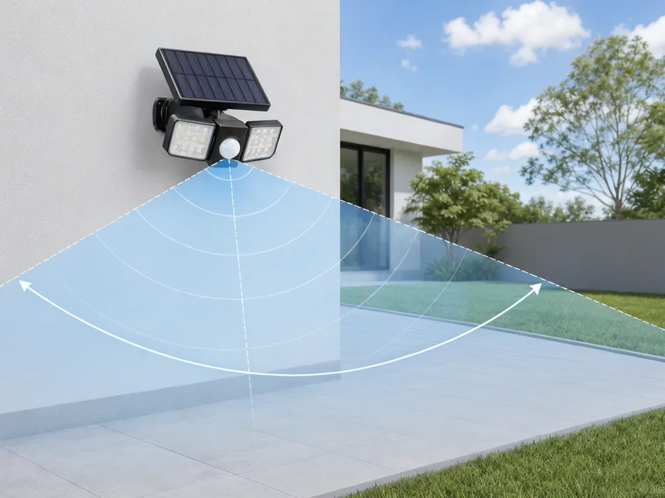 Diagram showing PIR detection range and angle coverage for wall-mounted solar security light