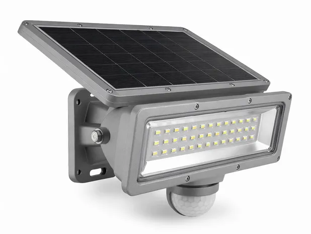 PIR solar security light showing monocrystalline panel, die-cast aluminum housing, and PIR sensor module