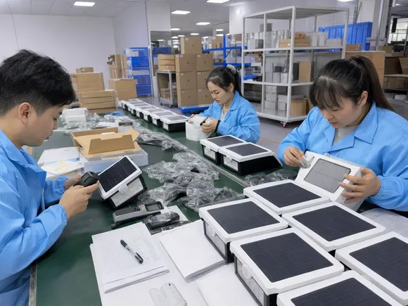 JXSOL quality control bench with PIR solar security light units undergoing 100% pre-shipment inspection