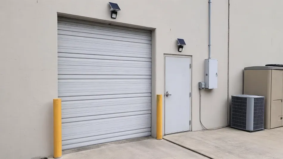 PIR solar security light installed at a commercial loading door and side entrance for motion-triggered illumination