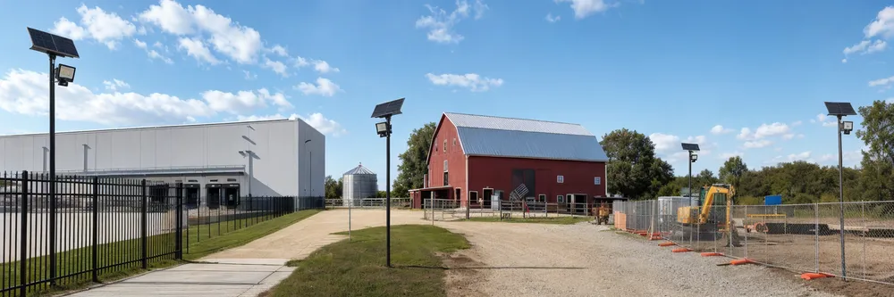 Solar flood lights installed across commercial perimeter, farm property, and construction site applications