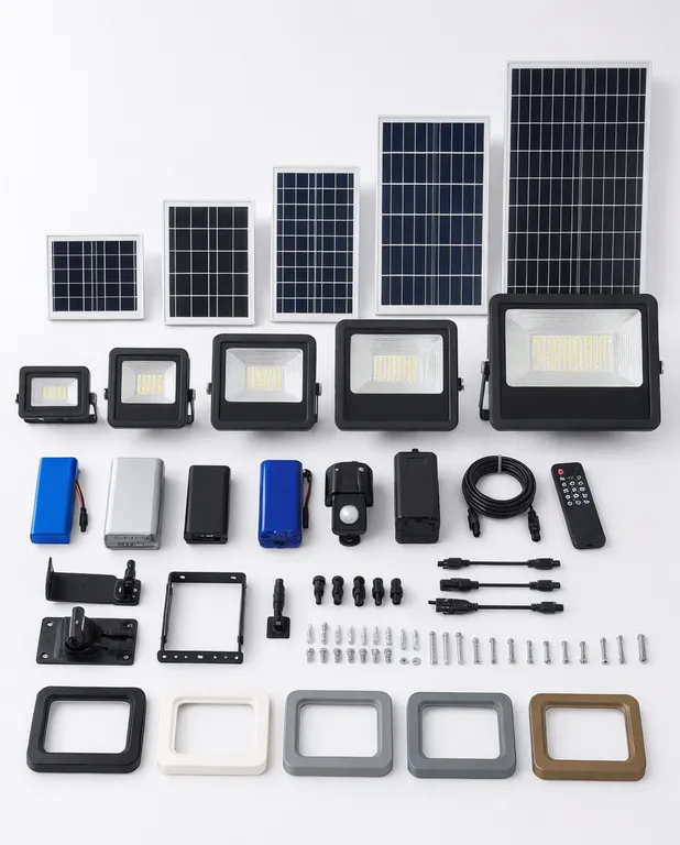 OEM/ODM solar flood light configuration options showing customizable components