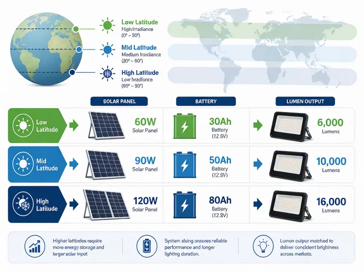 Diagram showing solar panel, battery, and lumen output matching for different market latitudes
