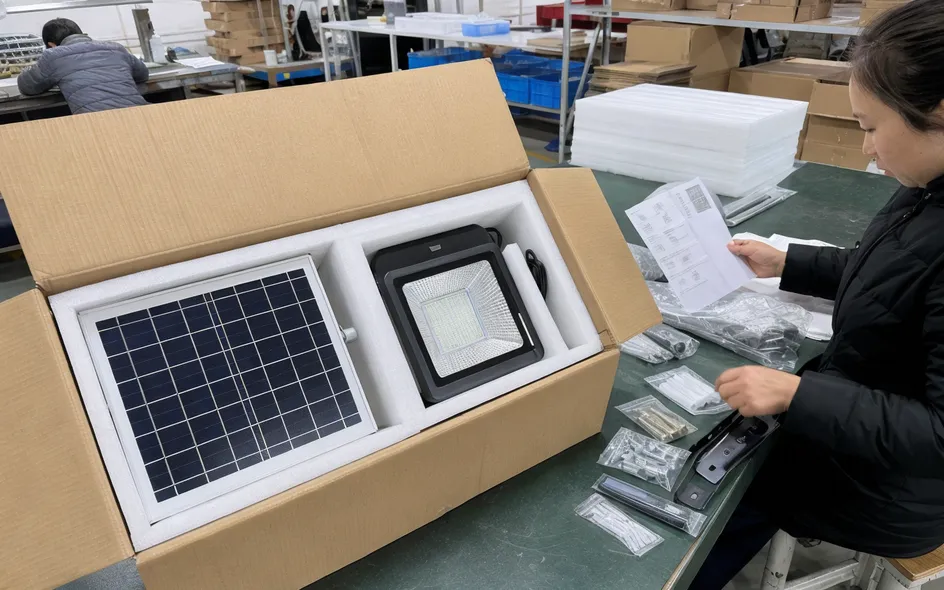 Solar flood light export carton with foam-cushioned sections for panel and housing