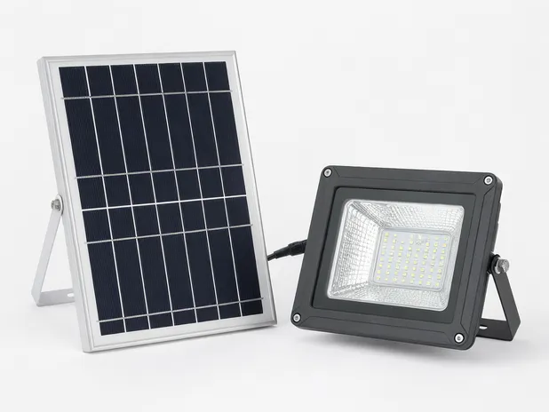 JXSOL solar flood light showing die-cast aluminum housing and monocrystalline panel