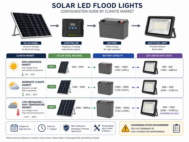 Diagram showing battery capacity, solar panel wattage, and LED load relationships for different climate markets