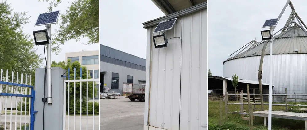 Solar LED flood lights installed across commercial perimeter, warehouse zone, and agricultural site applications