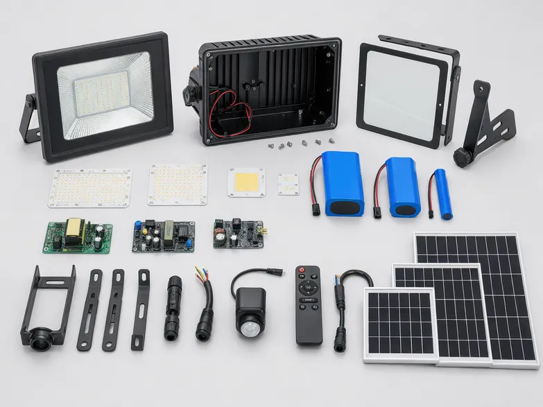 OEM/ODM solar LED flood light configuration options showing adjustable components within standard housing