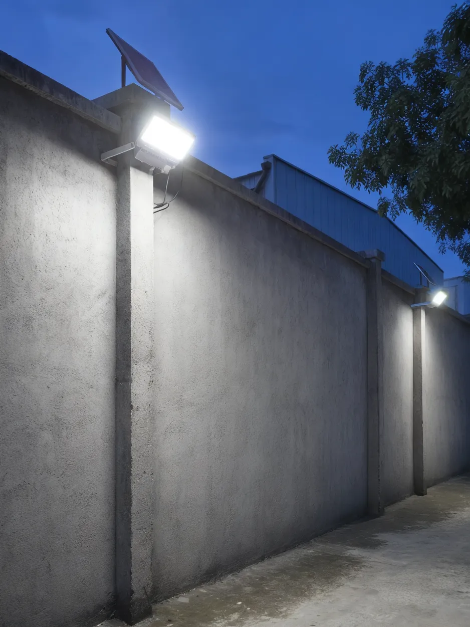 JXSOL solar LED flood light installed on commercial perimeter wall at dusk