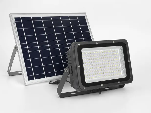 Solar LED flood light showing die-cast aluminum housing, monocrystalline panel, and adjustable mounting bracket