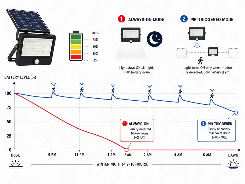 Diagram comparing battery draw curves between always-on and PIR-triggered solar flood light operation across a winter night