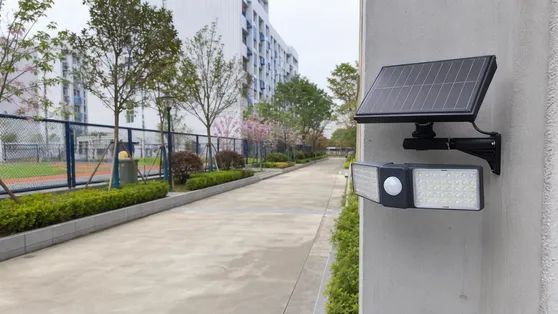 Solar motion sensor security light on a school campus pathway