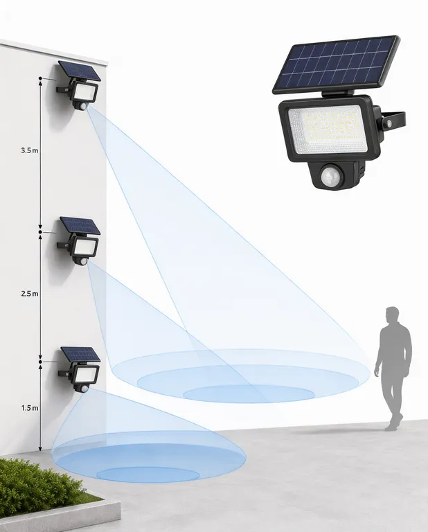 Diagram showing solar motion sensor flood light mounting height relative to PIR detection coverage area