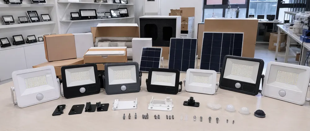 OEM/ODM solar motion sensor flood light configuration showing custom housing colors, logo placement, and packaging options