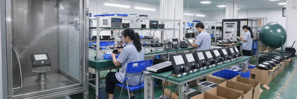 Quality control inspection line for solar motion sensor flood lights showing test benches and IP rating verification equipment