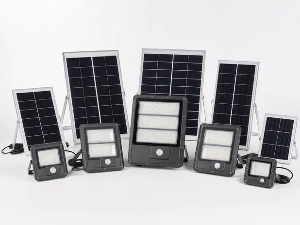 JXSOL solar motion sensor flood light product range showing die-cast aluminum housing and monocrystalline panel