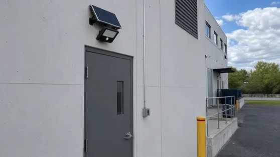 Solar security light mounted at commercial building side entrance and loading area