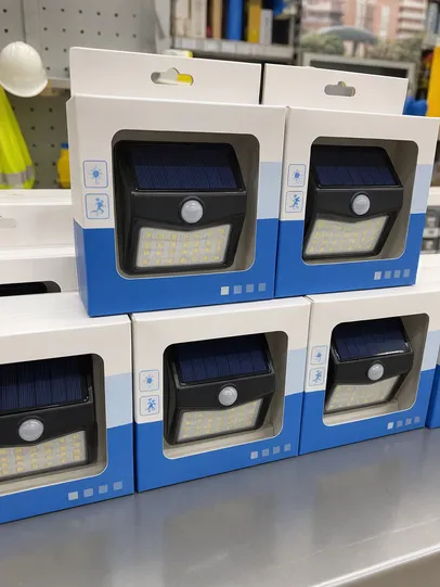 Compact solar security lights displayed in hardware distributor retail program packaging