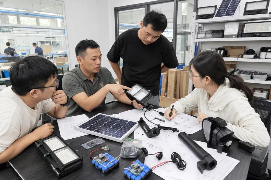 JXSOL engineering team reviewing OEM solar security light configuration