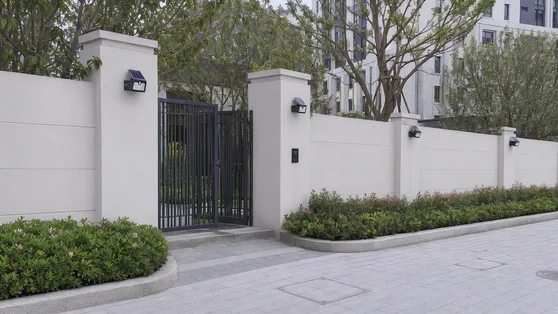 Solar security lights installed along residential community perimeter wall and entrance gate