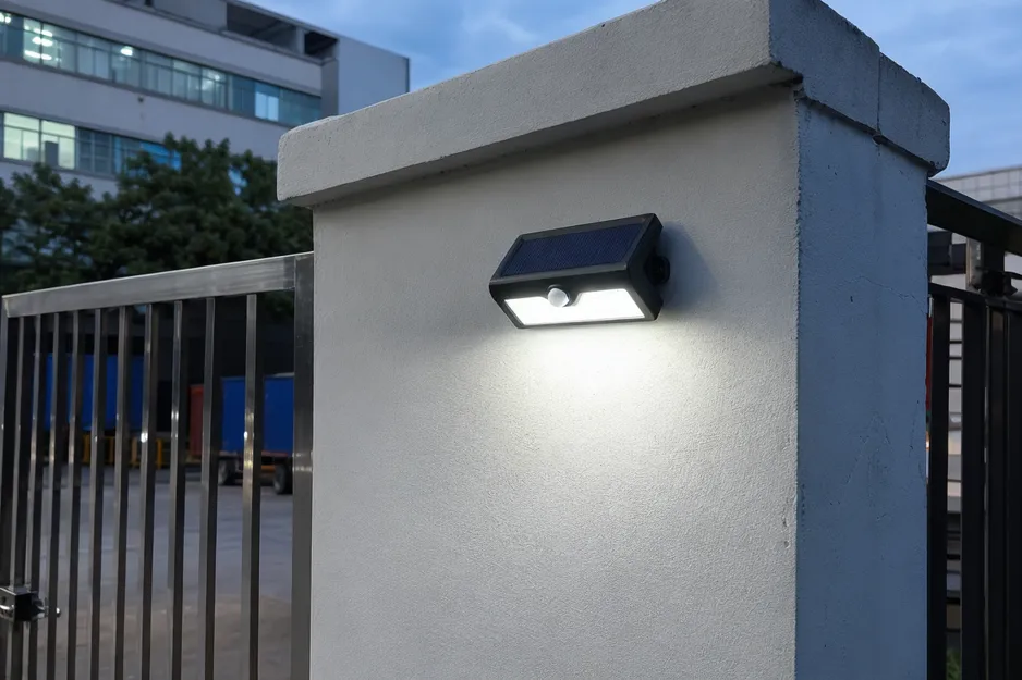 JXSOL compact solar security light mounted on a perimeter wall with PIR sensor activated