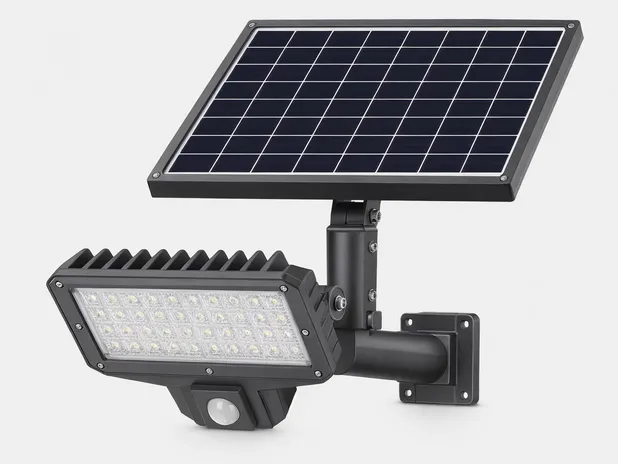 JXSOL solar security light showing die-cast aluminum housing and monocrystalline panel