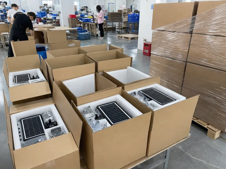 Export carton packing for waterproof solar security lights with foam-cushioned panels and separated hardware