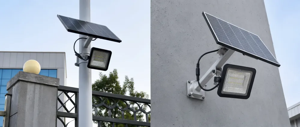Waterproof solar security light installation showing correct cable entry direction, mounting angle, and ground clearance