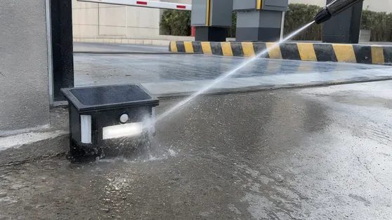 Low-mount waterproof solar security light at a parking entrance exposed to splash and pressure washing