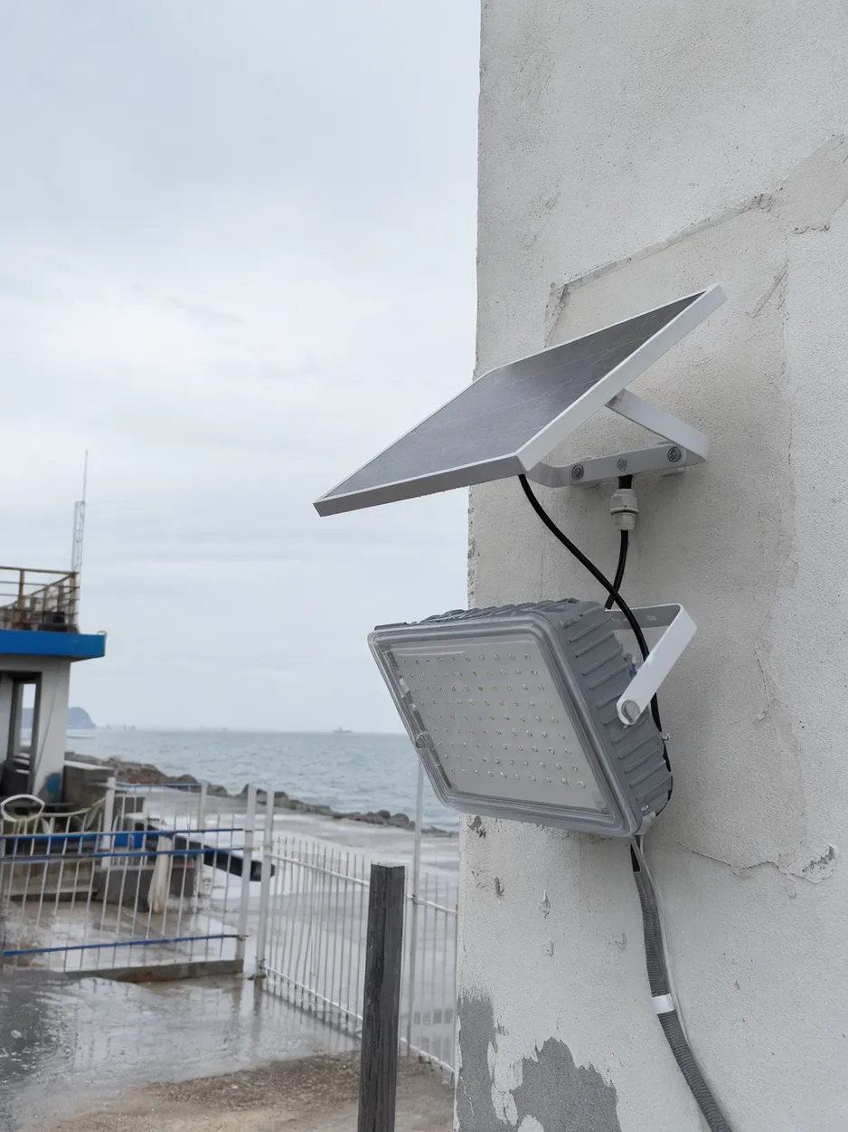 IP67-rated waterproof solar security light with sealed housing and cable glands, designed for coastal and wet-environment installations