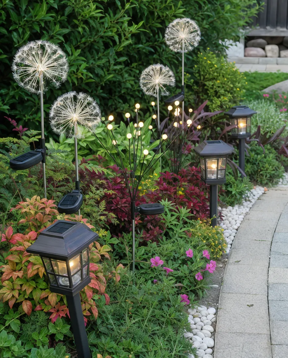 Decorative solar garden lights collection showing dandelion, firefly, and lantern styles arranged in a garden setting
