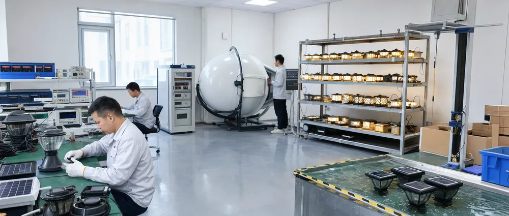 JXSOL quality inspection lab with testing equipment for solar garden light certification