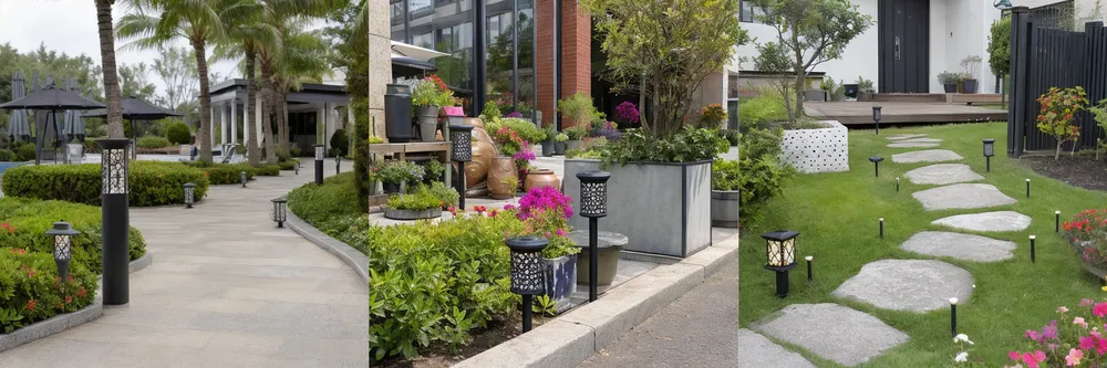 Decorative solar garden lights installed across hospitality, retail, and residential landscape settings