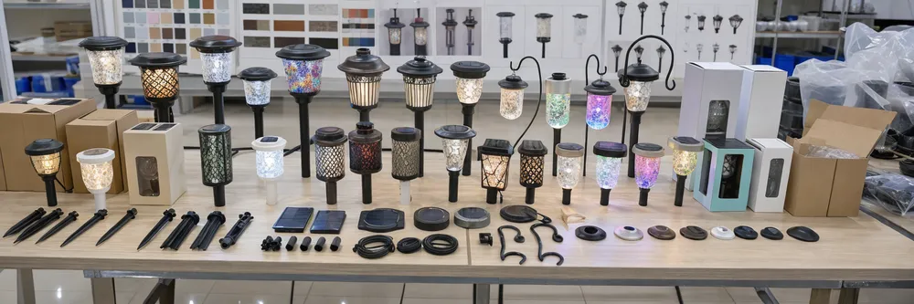OEM/ODM customization options for decorative solar garden lights including housing finishes, LED colors, and private-label packaging