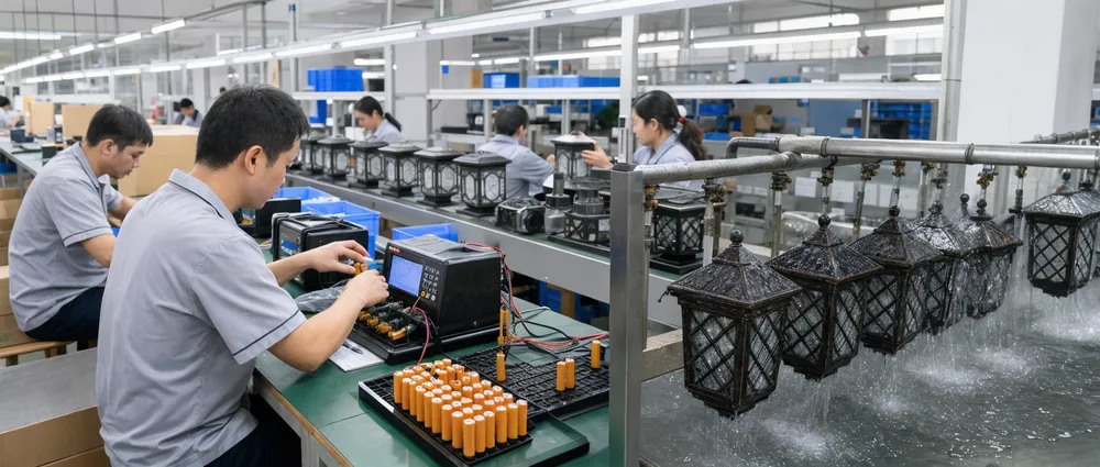 JXSOL quality inspection line for decorative solar garden lights showing battery matching and waterproof testing stations