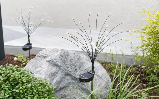 Solar firefly lights with flexible wire strands and scattered LED points