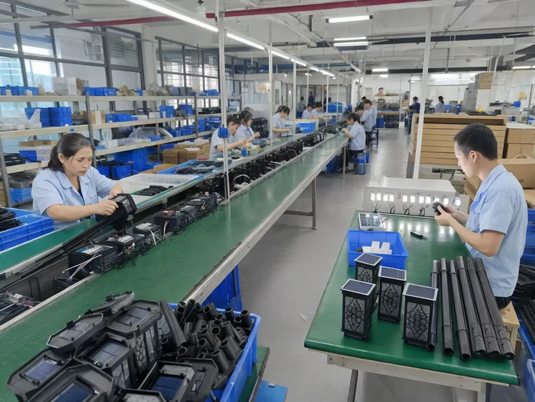 JXSOL production line assembling decorative solar garden lights with quality inspection stations