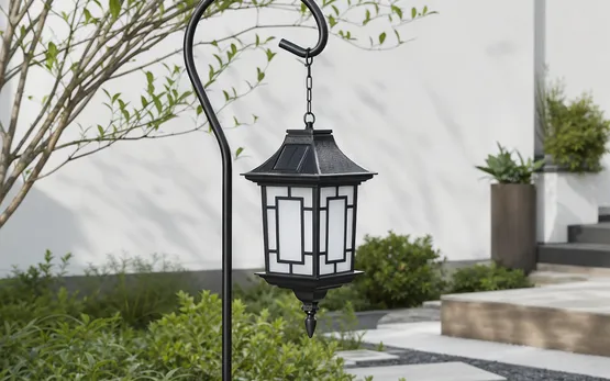Solar lantern garden lighting with traditional housing and frosted panel