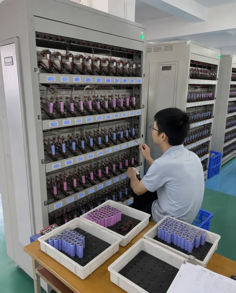 Battery cells being matched and tested on aging racks before assembly into solar garden light packs