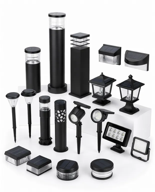 Solar garden and landscape lighting product range showing various fixture types and configurations