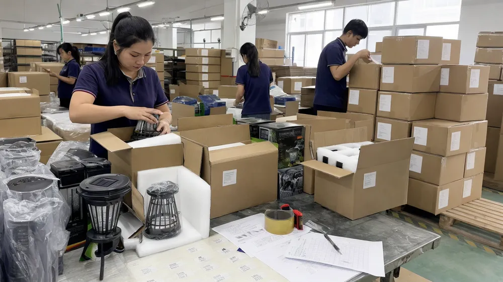 Export packing process for mixed-SKU solar garden lighting orders with labeled cartons and foam protection