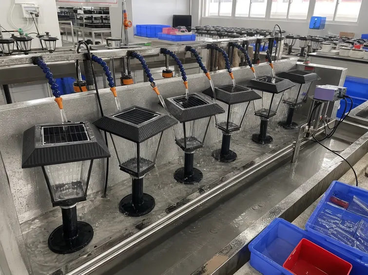 Dedicated waterproof inspection station testing assembled solar garden light units for IP65/IP67 compliance