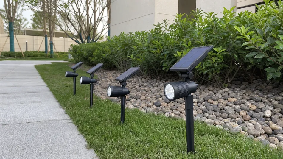 Solar landscape lighting fixtures for contractor supply showing neutral white output and durable aluminum housings