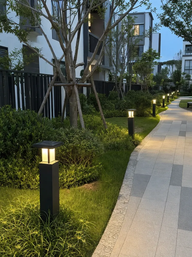 Consistent solar garden lights installed across a residential development community showing batch uniformity